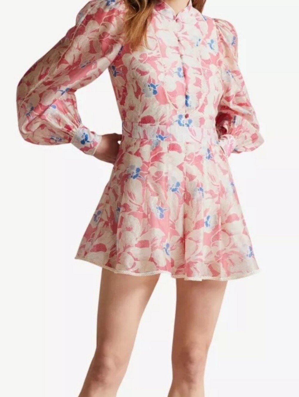 Ted Baker Pink Floral Puff-Sleeve Mini Romper with Blue Accents